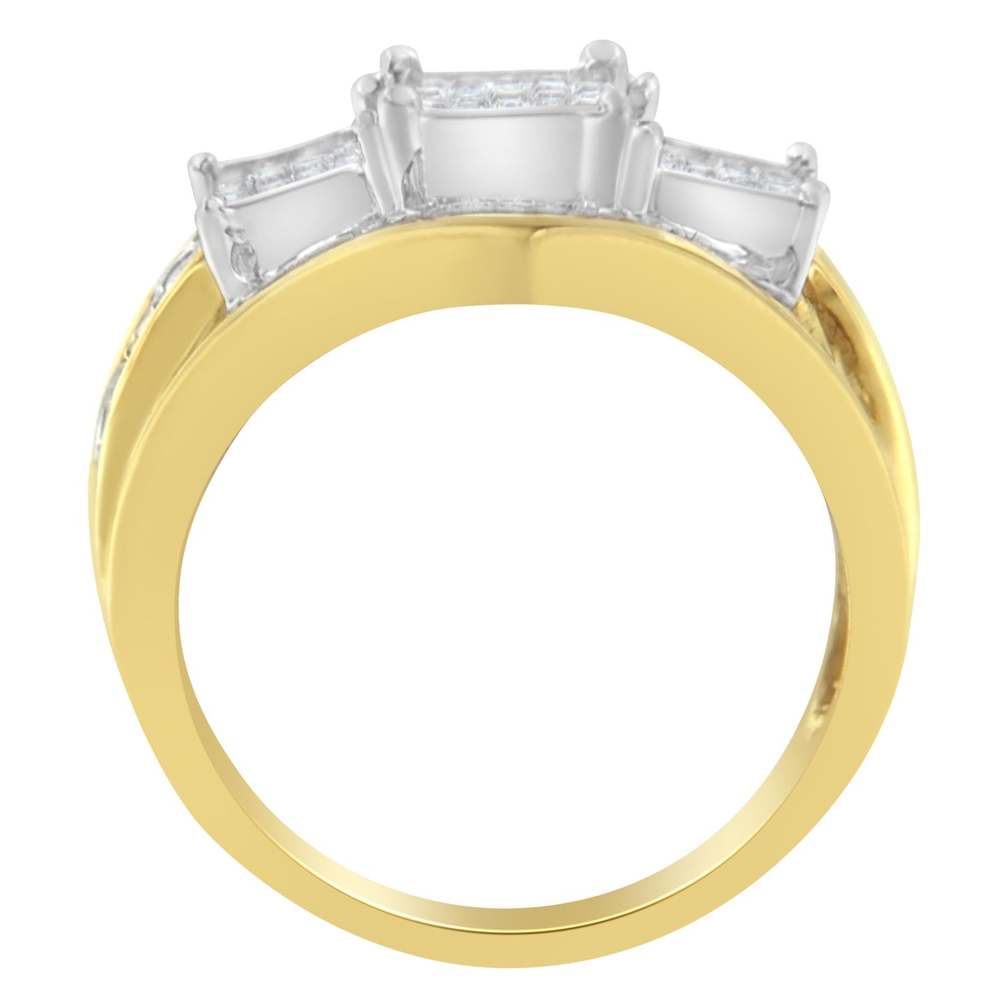 Front-facing view of a two-toned ring with multiple white gemstones in various shapes set along the top.