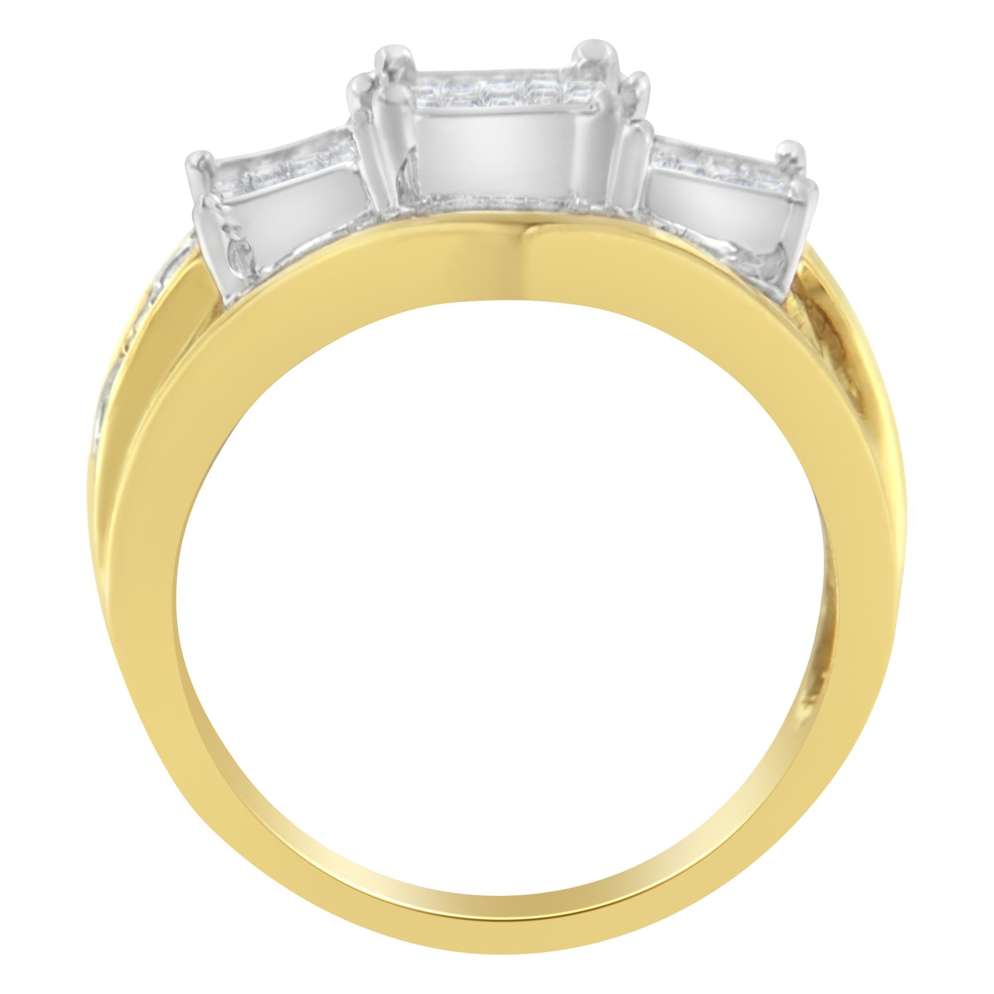 Front-facing view of a two-toned ring with multiple white gemstones in various shapes set along the top.