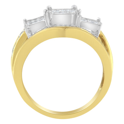 Front-facing view of a two-toned ring with multiple white gemstones in various shapes set along the top.