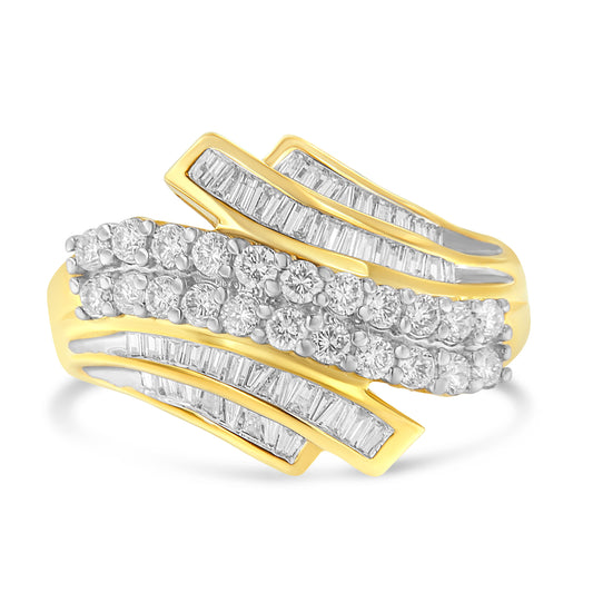 Yellow metal ring with intertwined bands featuring round white gemstones in prong setting and baguette white gemstones in channel setting, shown in a front-angle close-up shot.