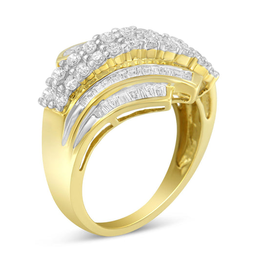 Angled close-up of a yellow metal ring featuring rows of white round gemstones in prong settings and white baguette gemstones in channel settings.