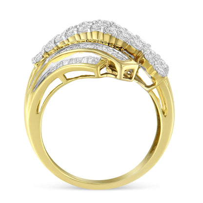 Side view of a yellow metal ring featuring rows of round white gemstones in prong settings and baguette white gemstones in channel settings.