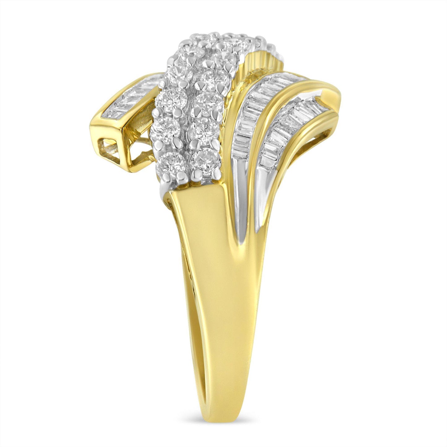 Yellow metal ring with curved bands featuring prong-set round white gemstones and channel-set baguette white gemstones, shown from a slightly angled side view.