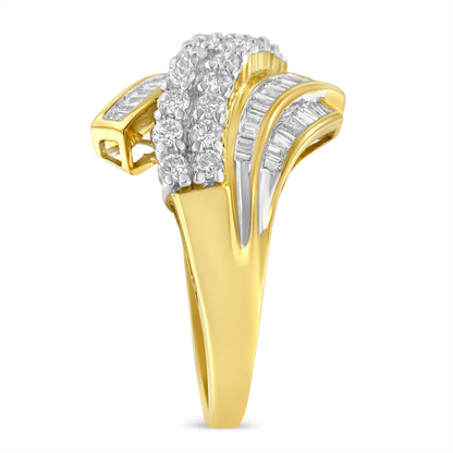 Yellow metal ring with an intertwined design featuring white round gemstones in prong settings and white baguette gemstones in channel settings, shown in a close-up front angle.
