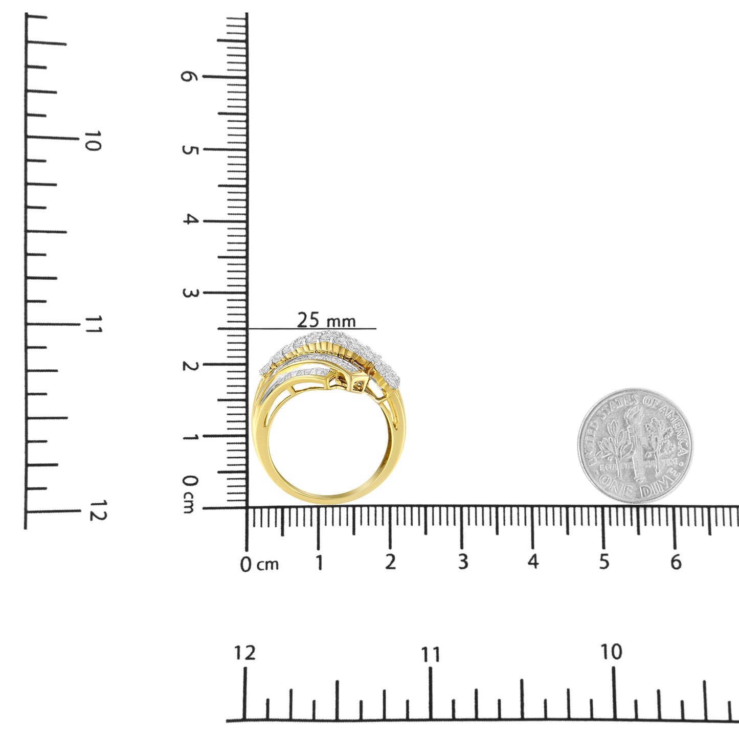 Yellow metal ring with rows of round prong-set and baguette channel-set white gemstones, shown from side angle on a ruler scale with a dime for size reference.