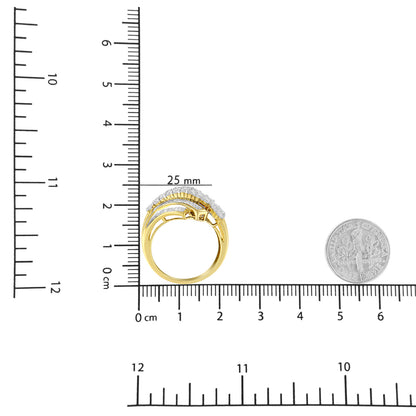 Yellow metal ring with rows of round prong-set and baguette channel-set white gemstones, shown from side angle on a ruler scale with a dime for size reference.