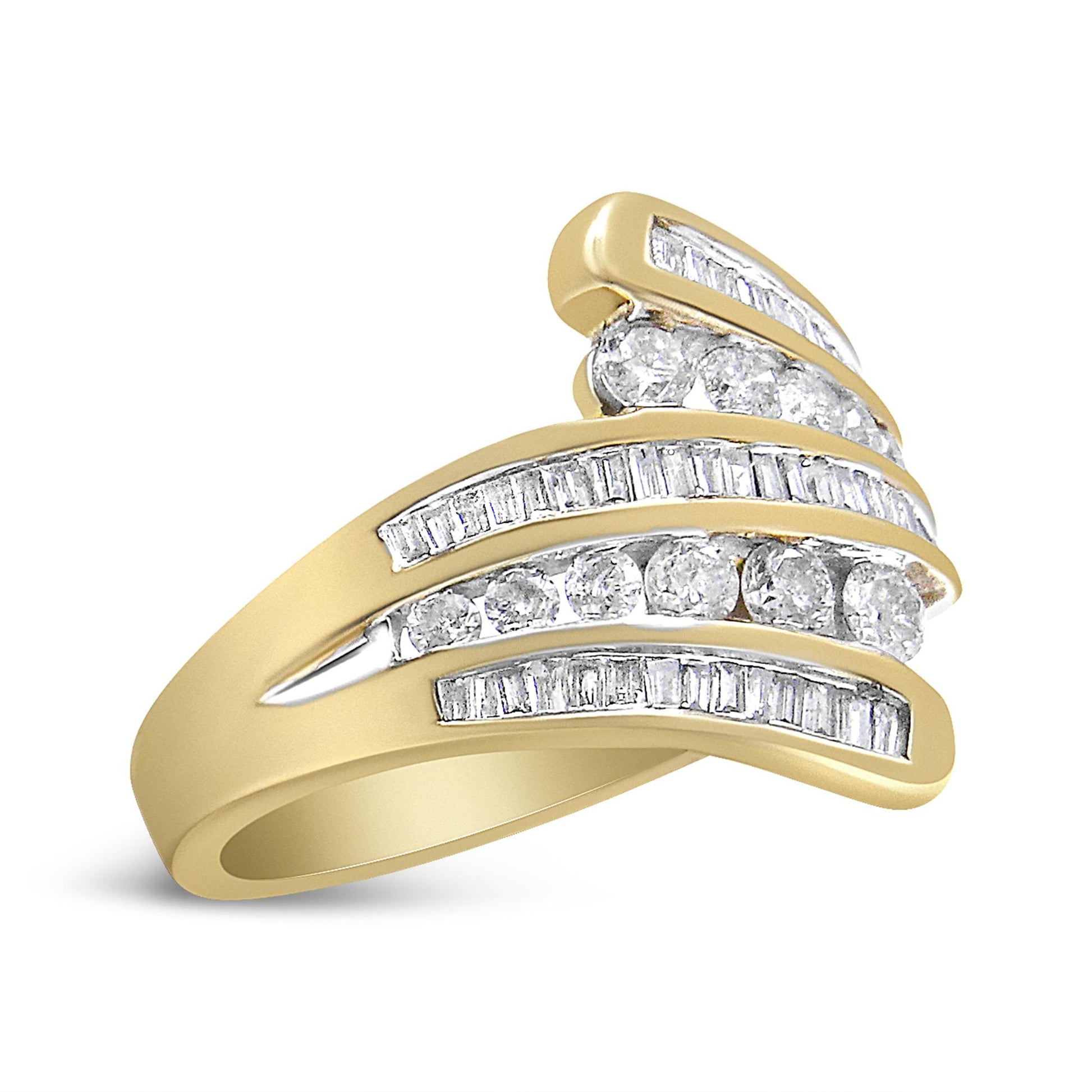 Yellow metal ring with curved design featuring channel-set white round and baguette-shaped gemstones, shown at an angled side view.