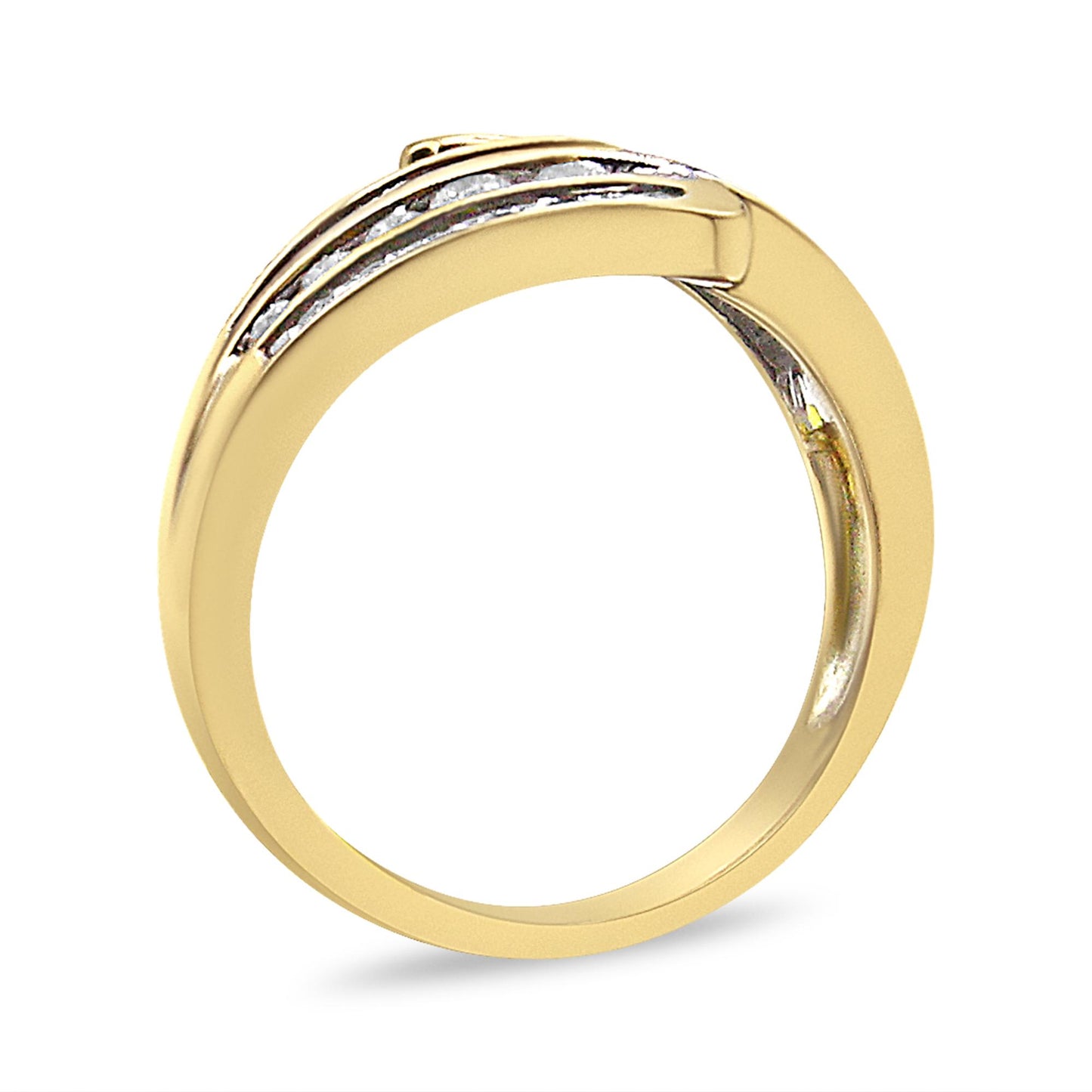 Yellow metal ring shown from the front angle with rows of white round and baguette shape gemstones in channel settings along the top.