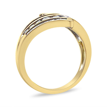 Yellow metal ring shown from the front angle with rows of white round and baguette shape gemstones in channel settings along the top.