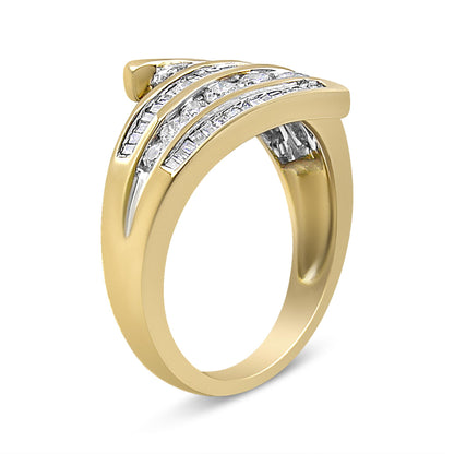 Yellow metal ring shown in a side angle with three diagonal rows of channel-set white gemstones, including round and baguette shapes.