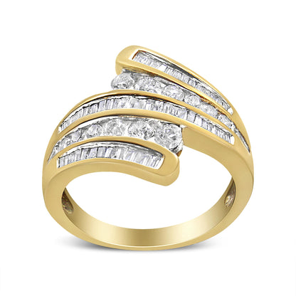 Close-up front angle of a yellow ring featuring multiple curved bands set with channel-set white round and baguette-shaped gemstones.