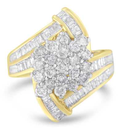 Close-up front angled view of a yellow ring featuring cluster of round white gemstones in prong setting at the center and rows of baguette-shaped white gemstones in channel setting on the split band.