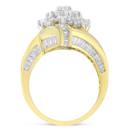 Yellow metal ring with round prong-set white gemstones on top and baguette channel-set white gemstones along the band, shown in a side view angle.