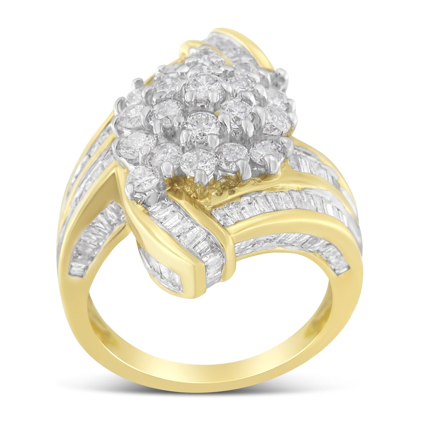 Front angled view of a yellow ring featuring a cluster of round white gemstones in prong setting at the center, surrounded by multiple rows of channel-set baguette white gemstones along the band.