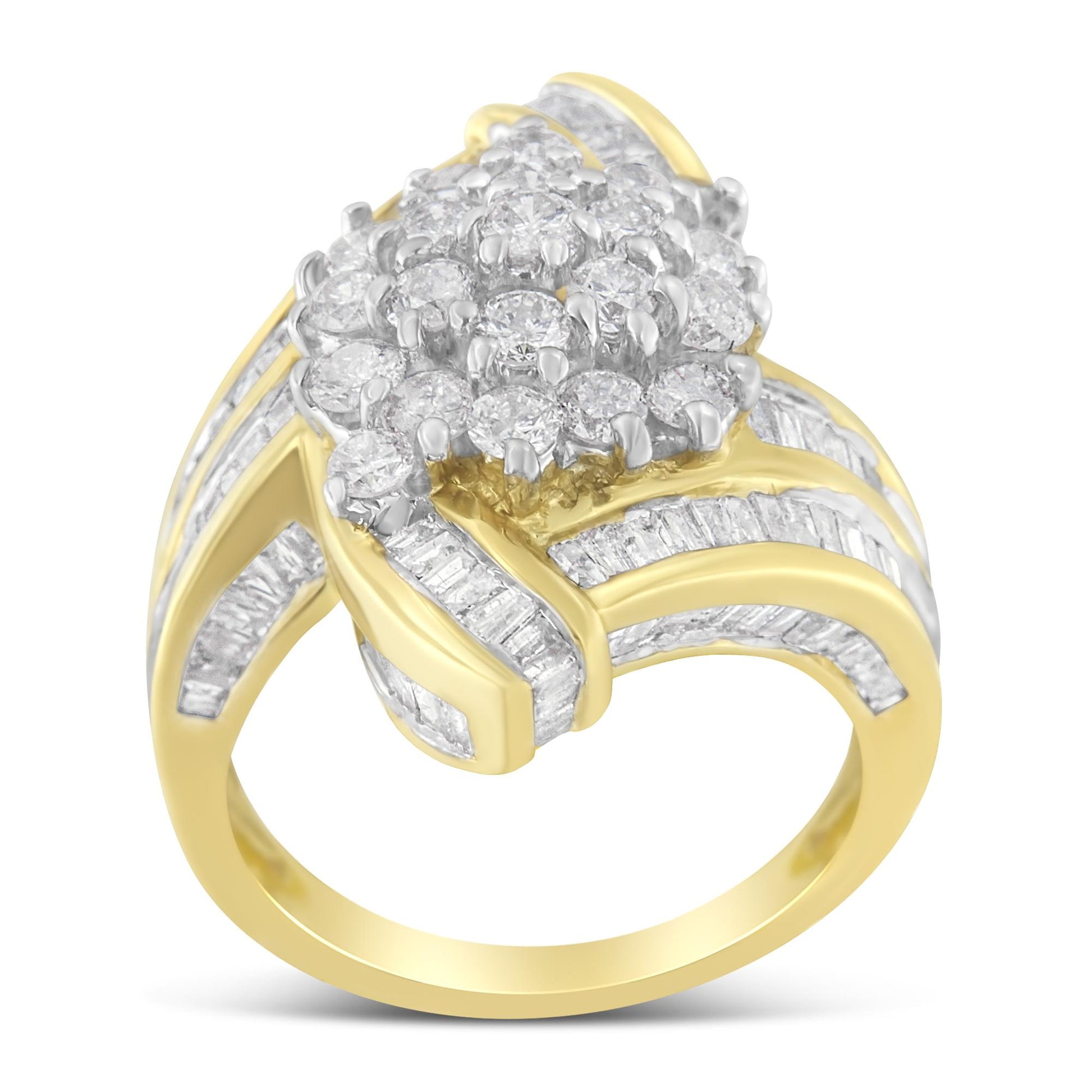 Front angled view of a yellow ring featuring a cluster of round white gemstones in prong setting at the center, surrounded by multiple rows of channel-set baguette white gemstones along the band.