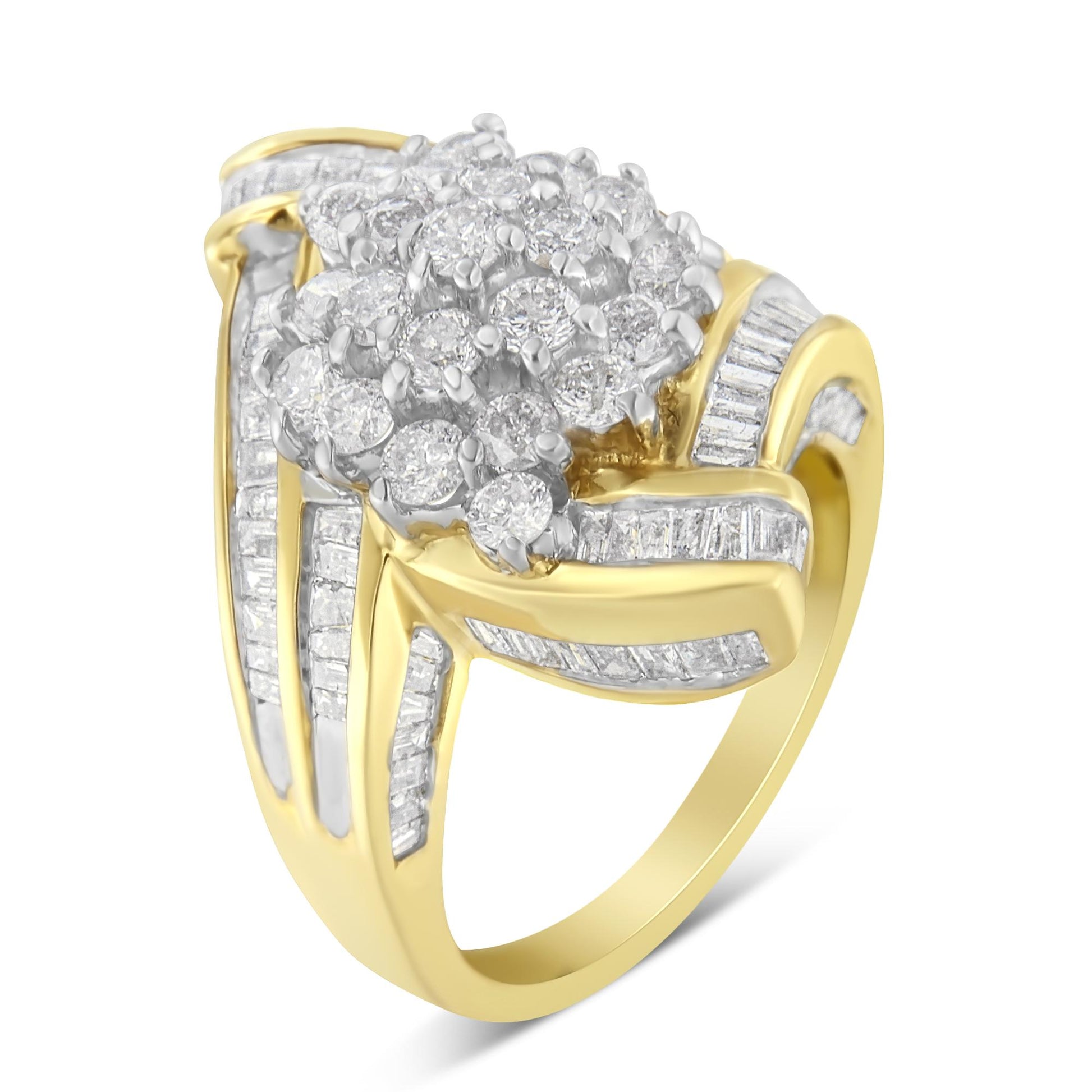 Yellow metal ring with a cluster of round white gemstones in prong settings at the center, surrounded by multiple rows of channel-set white baguette gemstones, shown at a slight angled top view.