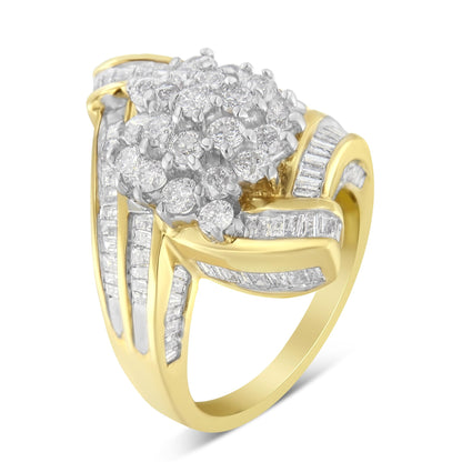 Yellow metal ring with a cluster of round white gemstones in prong settings at the center, surrounded by multiple rows of channel-set white baguette gemstones, shown at a slight angled top view.