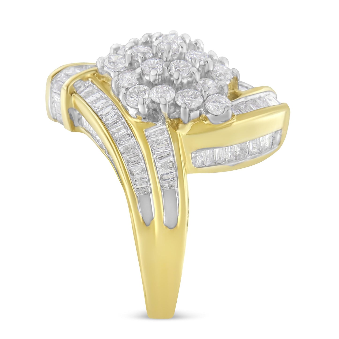 Yellow metal ring with a cluster of round white gemstones in prong settings at the top center, surrounded by multiple rows of channel-set baguette white gemstones, shown in a front angled close-up view.