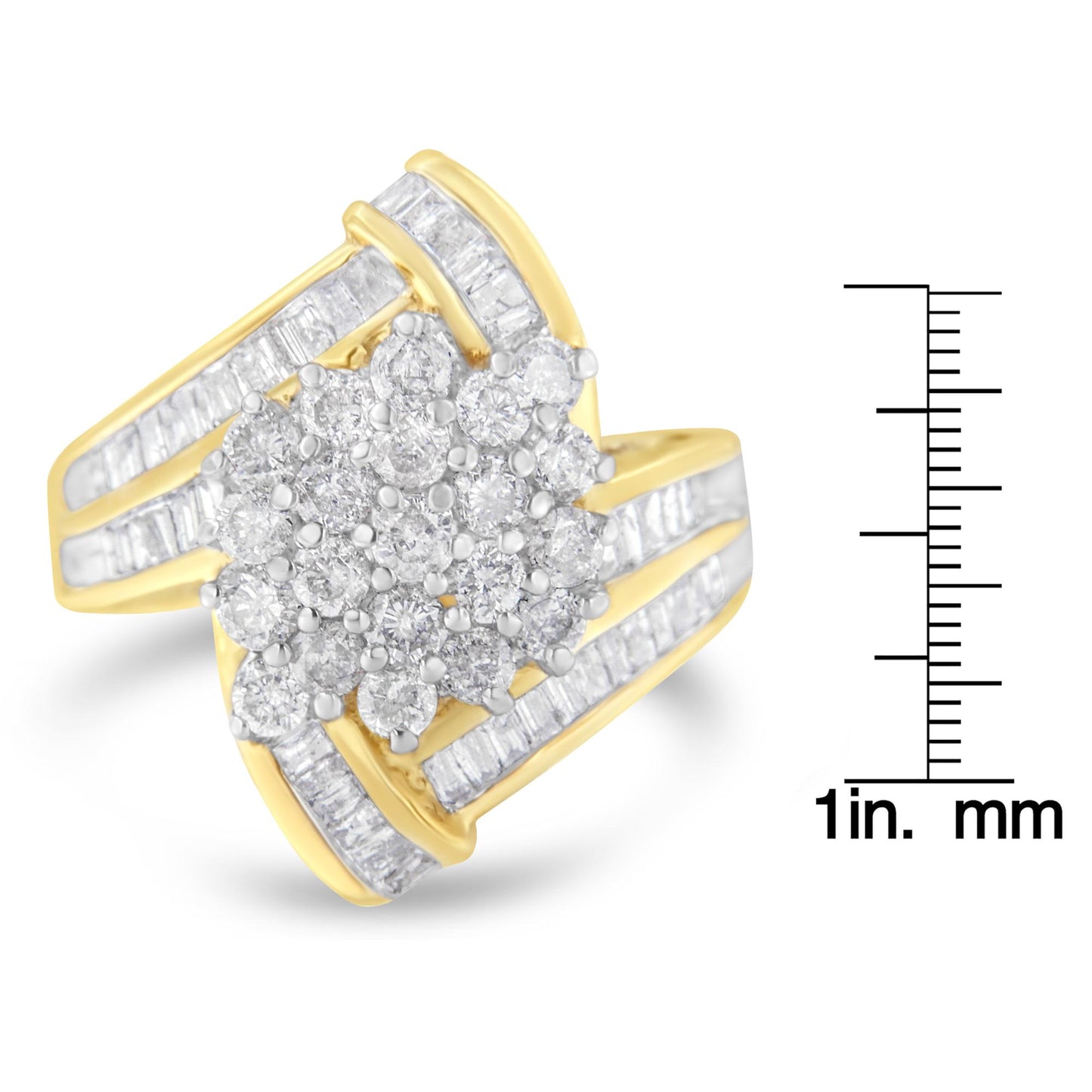 Yellow metal ring with round white gemstones in prong setting clustered at center and baguette white gemstones in channel setting along curved bands, angled front view, shown with ruler for size reference.