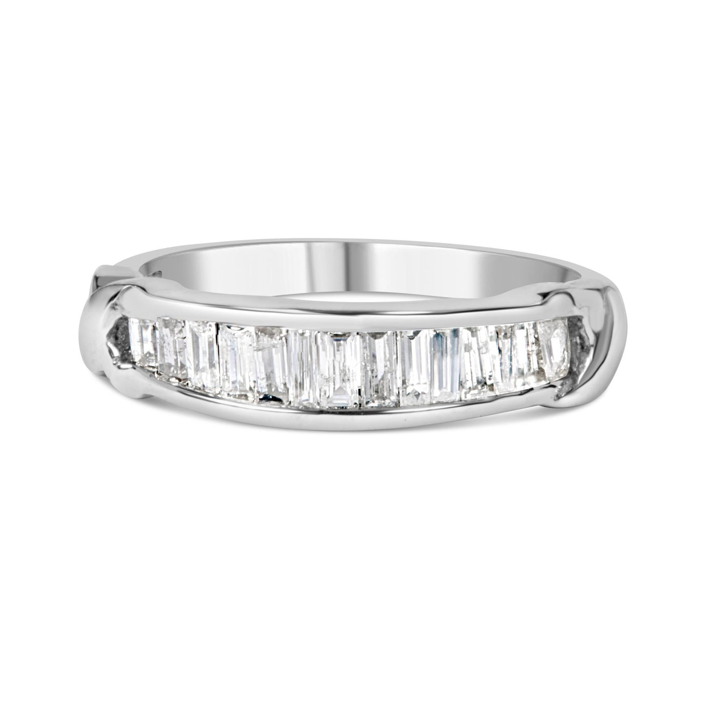 Front angle of a white metal ring featuring a channel setting with aligned baguette-shaped white gemstones.