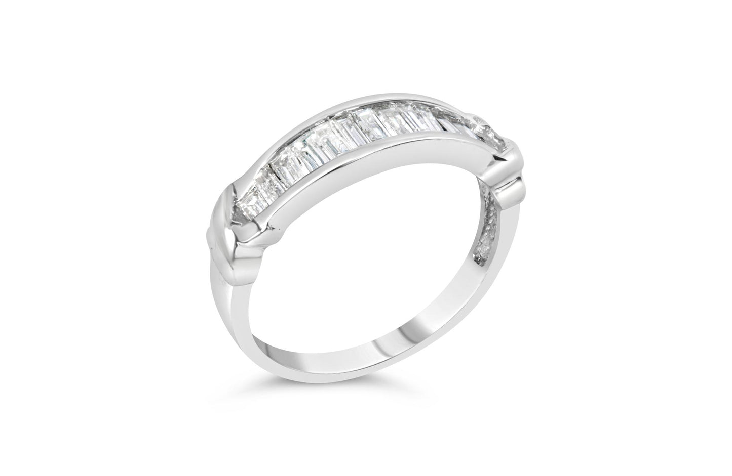 White metal ring with channel-set baguette-shaped white gemstones across the top, shown at a slight angle.