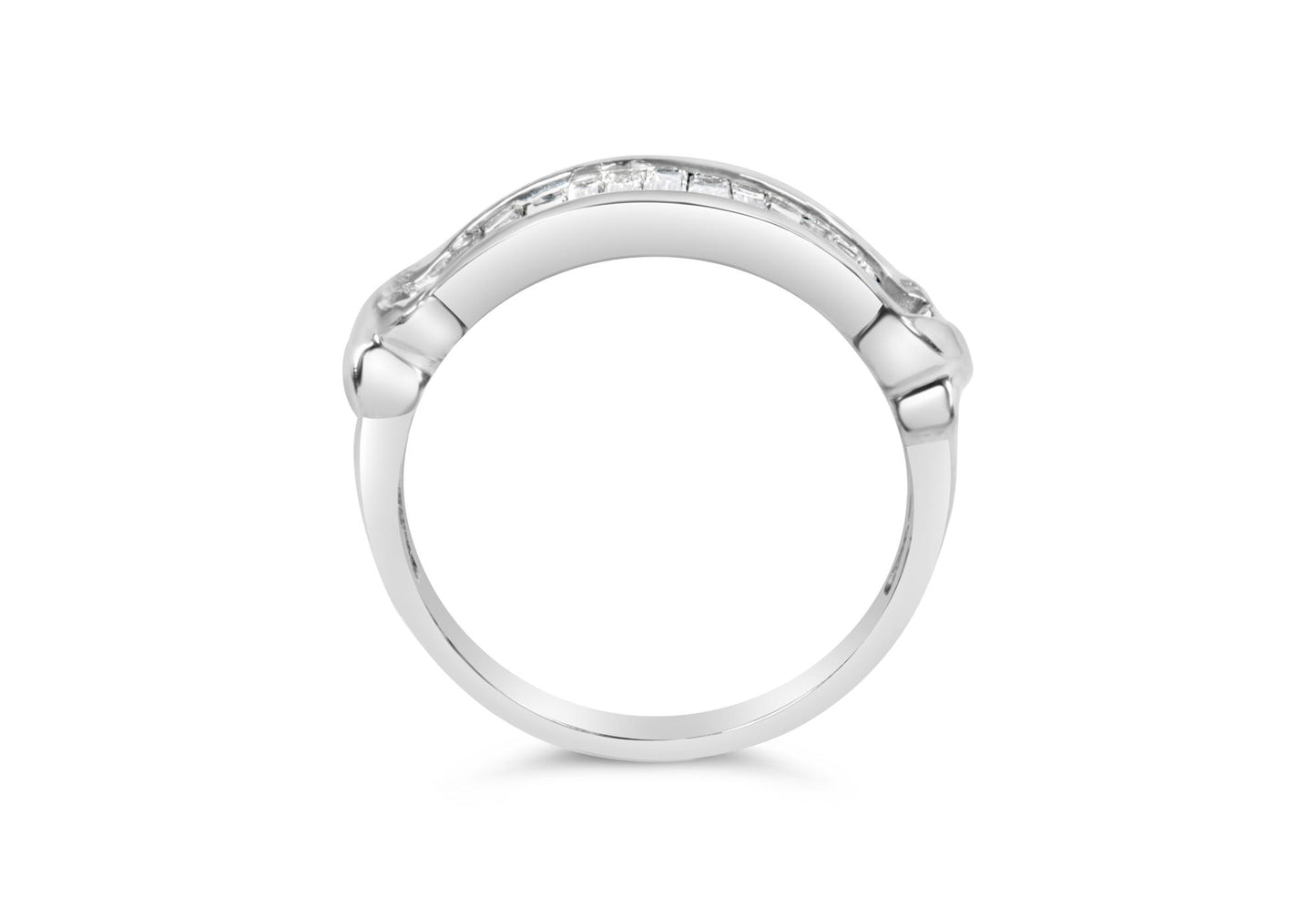 Front angle of a white metal ring shown on a white background, featuring a row of white baguette-shaped gemstones in a channel setting along the top.