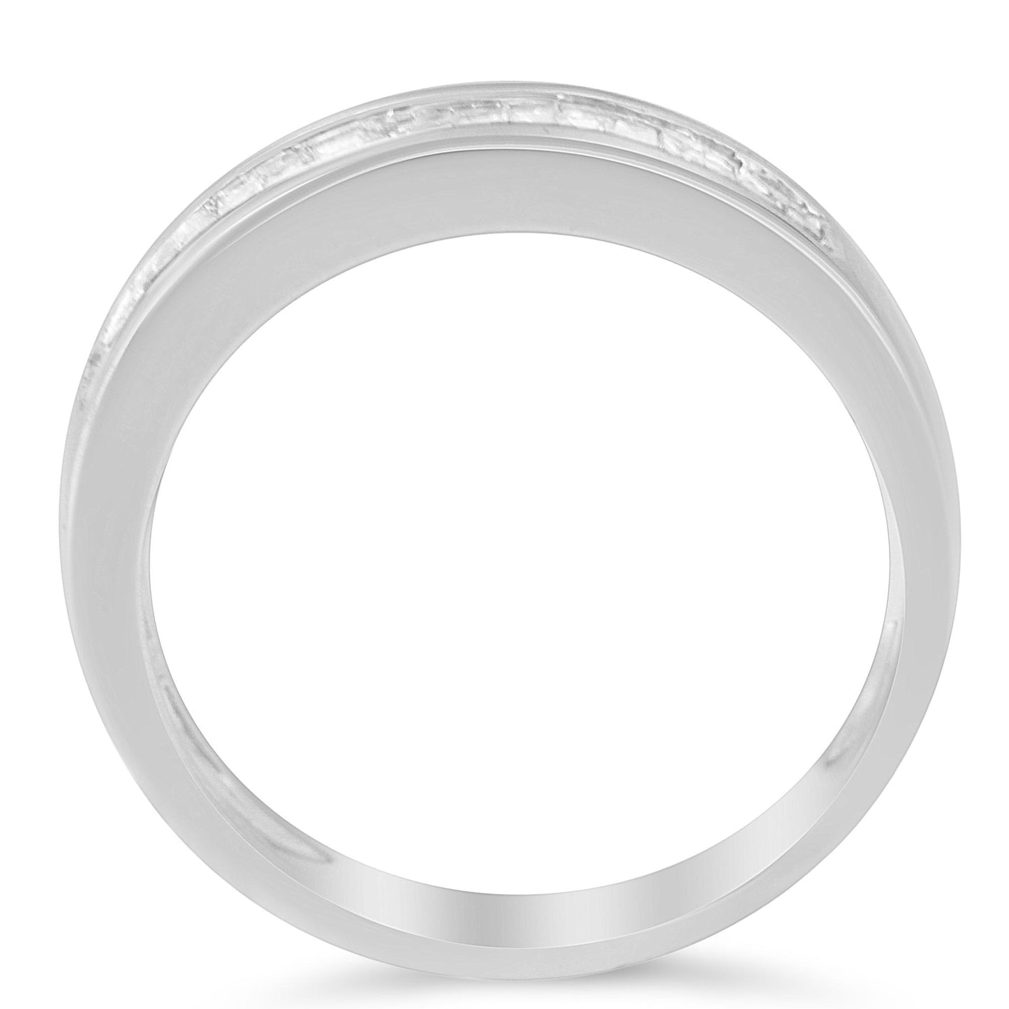 Top-down view of a white metal ring with a channel setting of baguette-shaped white gemstones along the top edge.