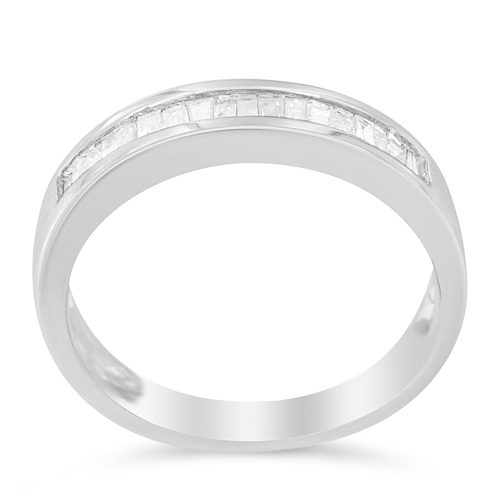 White ring with a channel set row of baguette-shaped white gemstones viewed from a slight top angle.
