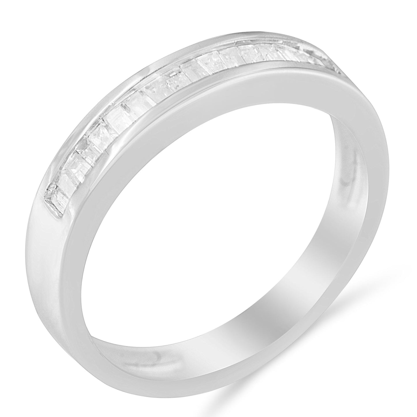 White metal ring with a channel set row of baguette-shaped white gemstones, shown at a slight angle.