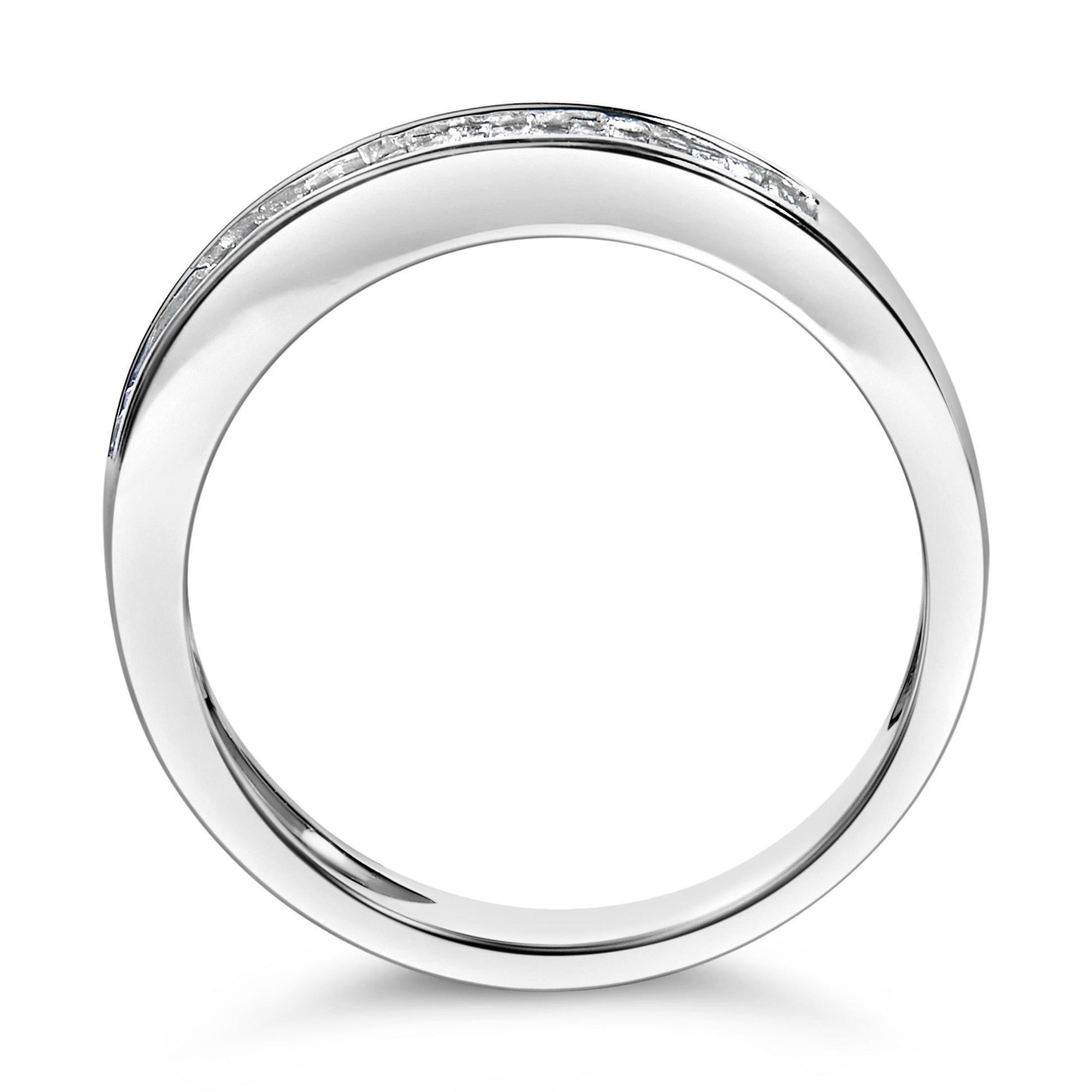 Close-up front view of a white metal ring featuring a channel setting with baguette-shaped white gemstones.