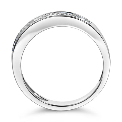 Close-up front view of a white metal ring featuring a channel setting with baguette-shaped white gemstones.