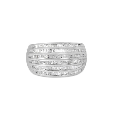 Front-facing view of a white metal ring featuring multiple horizontal rows of channel-set baguette-shaped white gemstones.
