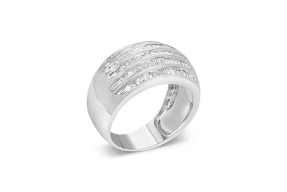 White metal ring with multiple rows of channel-set white baguette-shaped gemstones, shown at an angled top-front view.