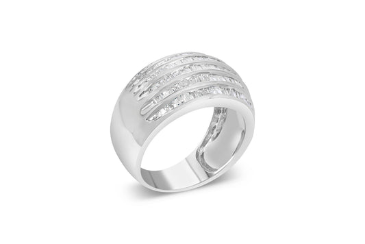 White metal ring with multiple rows of channel-set white baguette-shaped gemstones, shown at an angled top-front view.