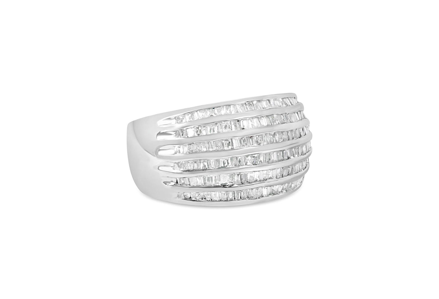 White metal ring with multiple rows of channel-set baguette-shaped white gemstones, shown at a slight angle on a white background.