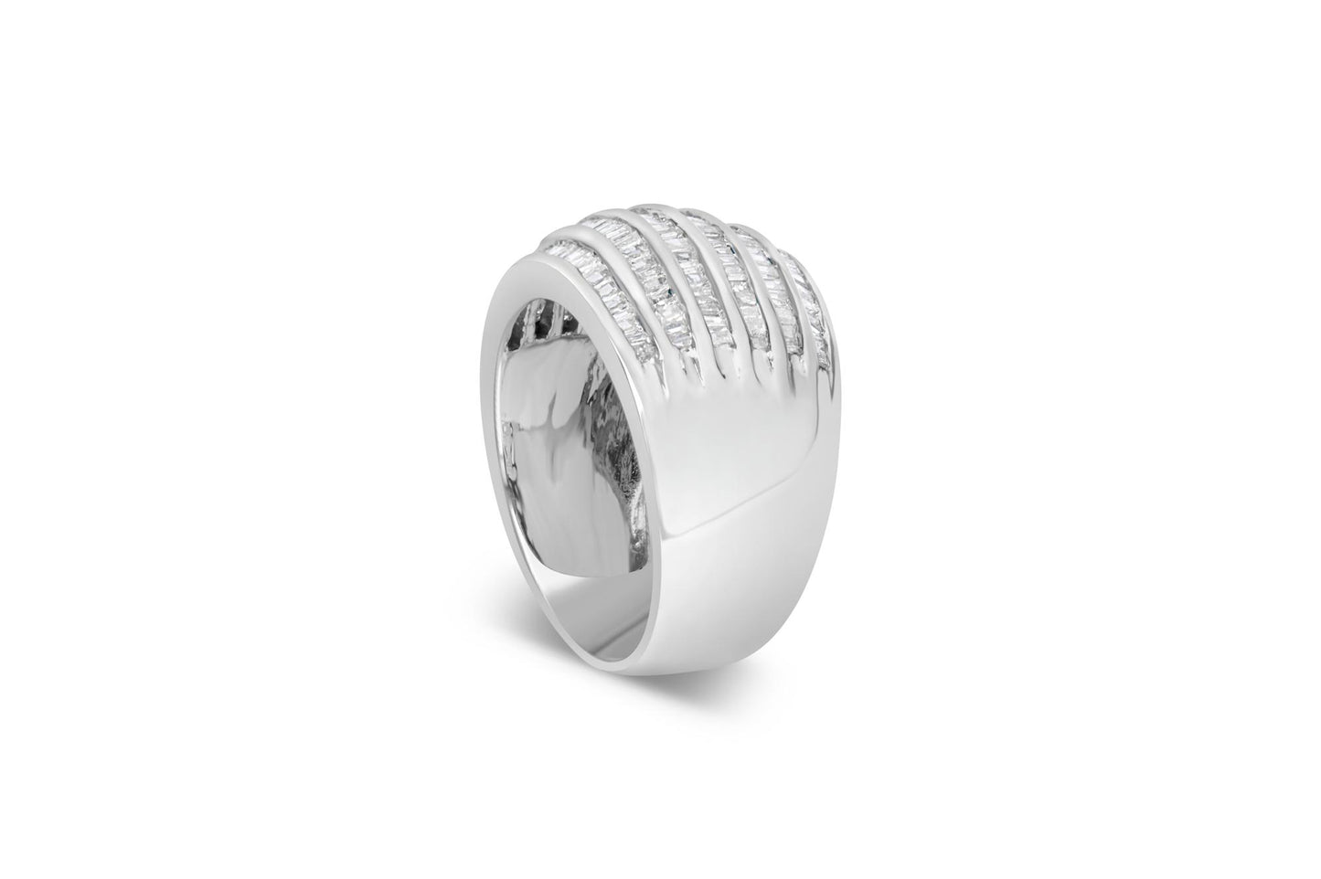 White metal ring with multiple rows of channel-set baguette-shaped white gemstones, shown at a slight angle on a white background.