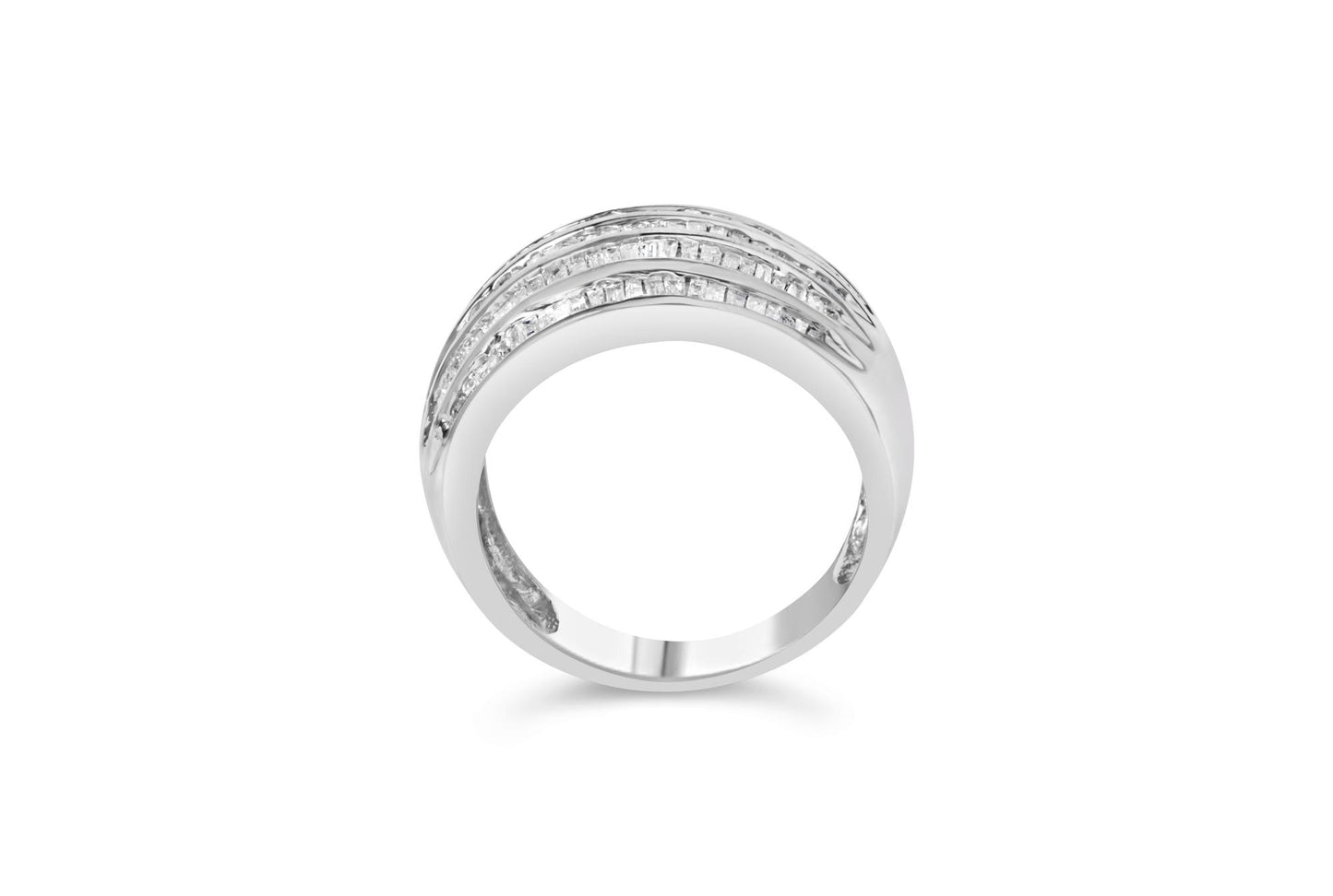 White metal ring with multiple rows of channel-set baguette-shaped white gemstones, shown from the top angle.
