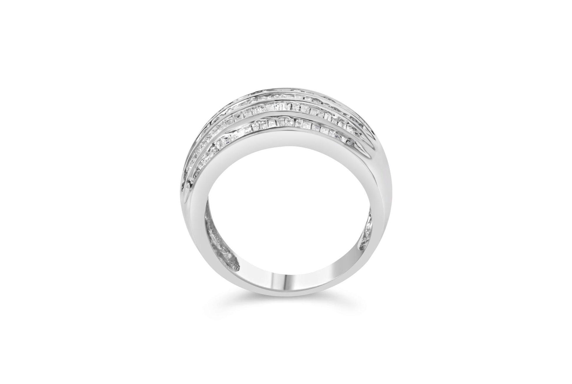 White metal ring with multiple rows of channel-set baguette-shaped white gemstones, shown from the top angle.