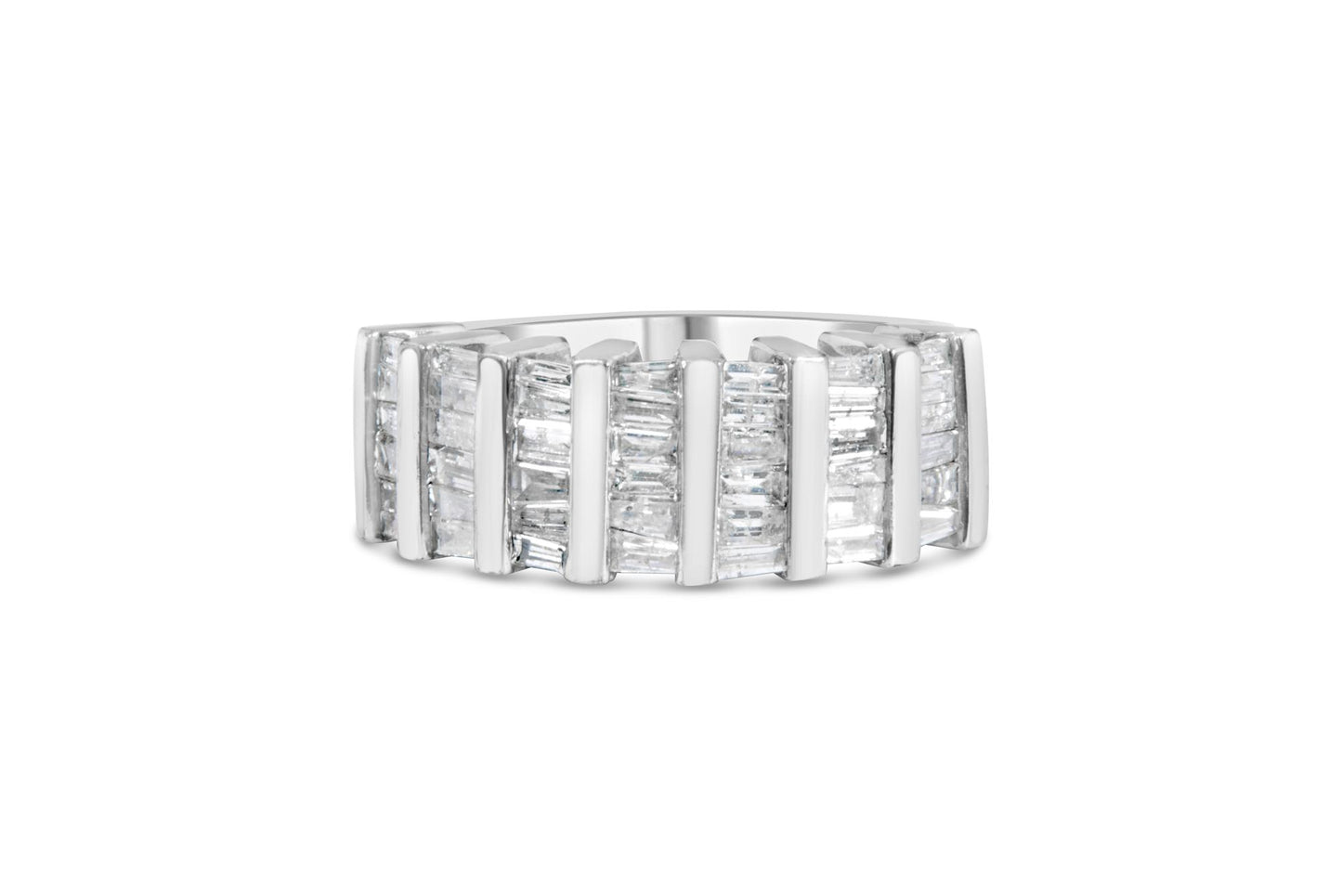 White metal ring with channel-set baguette-shaped white gemstones, front angled view on a white background.