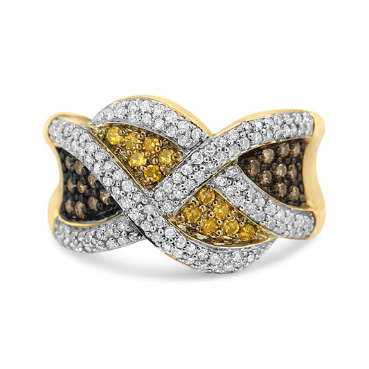 Front angle of a yellow metal ring featuring an intertwined design with round white, champagne, and yellow gemstones in prong and pave settings.