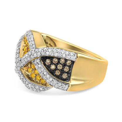 Yellow metal ring with intersecting bands of white and yellow and champagne gemstones, shown in a side angled view.