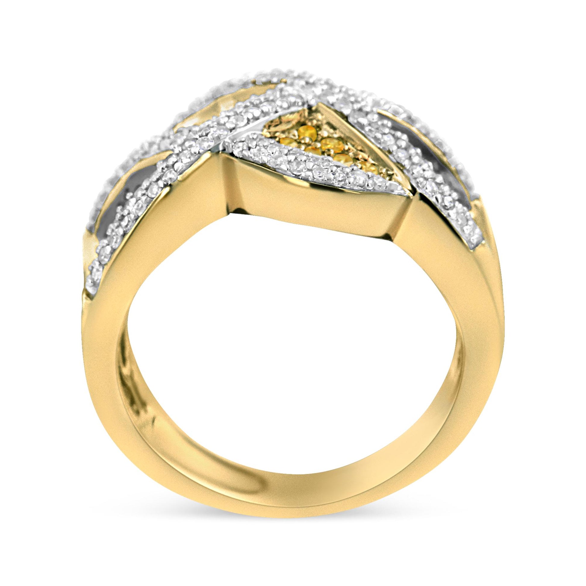 Yellow metal ring with white and yellow pave-set and prong-set round gemstones, shown from a slightly elevated front angle.