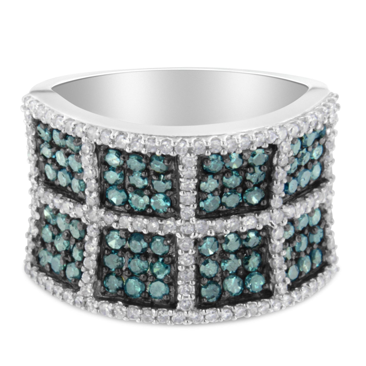 Close-up front angle of wide white metal ring with square segments decorated with prong-set blue and white round gemstones.