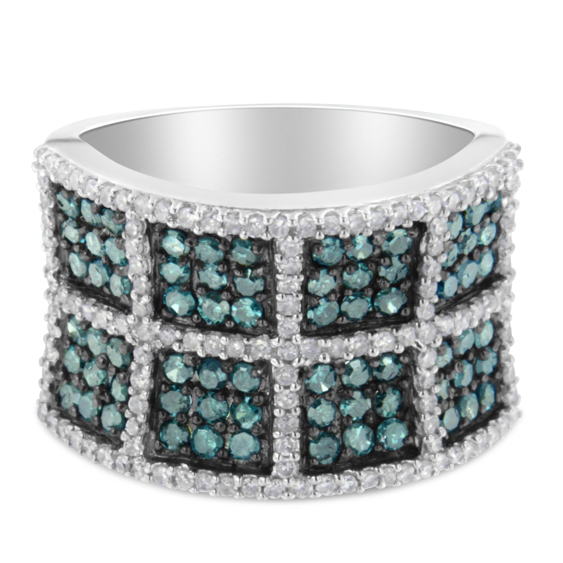 Close-up front angle of wide white metal ring with square segments decorated with prong-set blue and white round gemstones.
