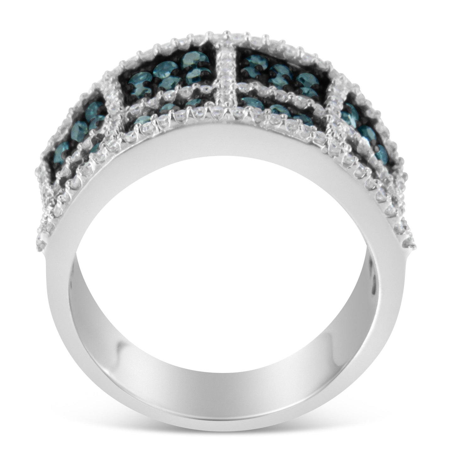 Close-up front view of a white metal ring featuring two rows of round blue gemstones and a row of round white gemstones set in prongs within a grid-like pattern.