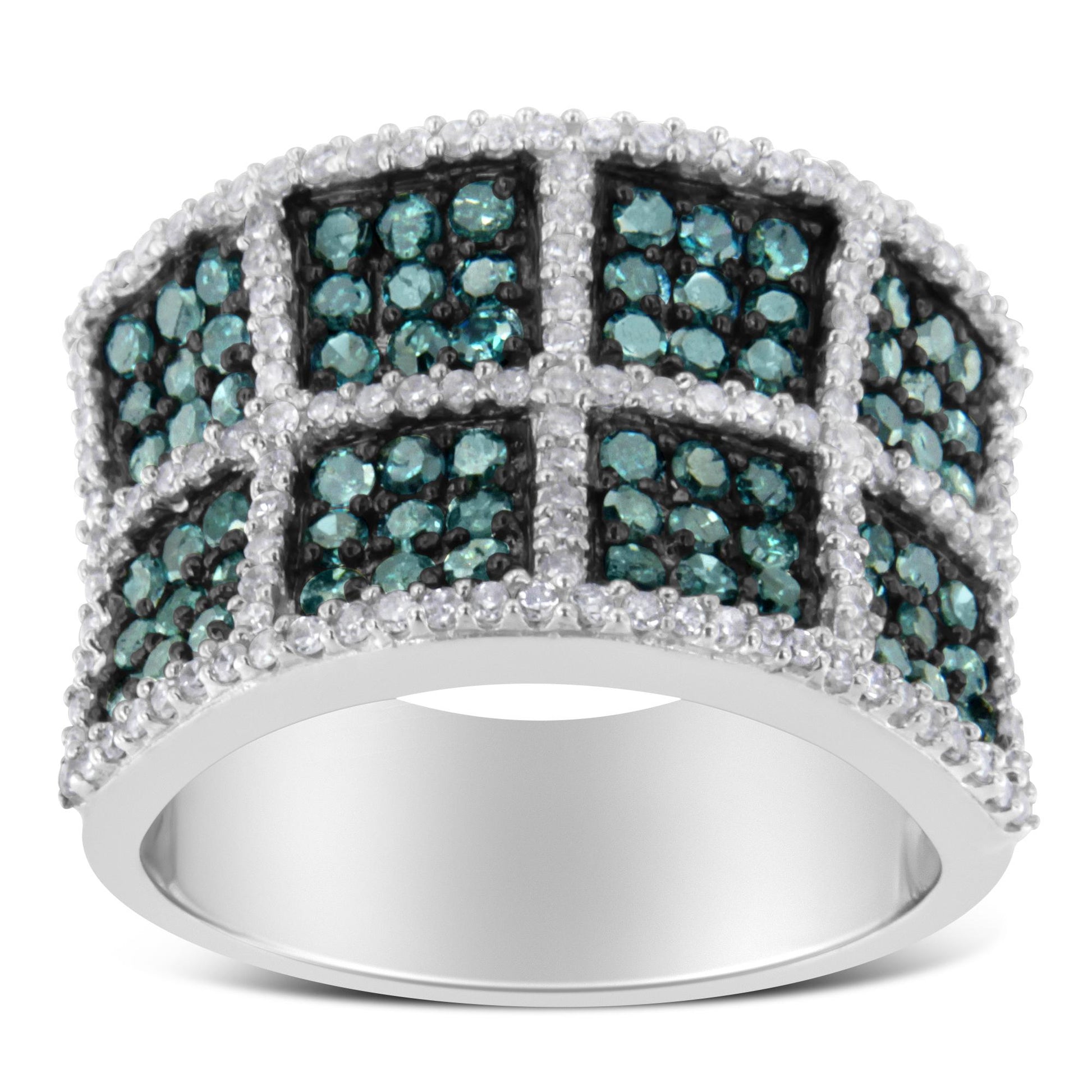 Front-facing view of a white metal ring featuring a grid pattern with prong-set round blue and white gemstones.