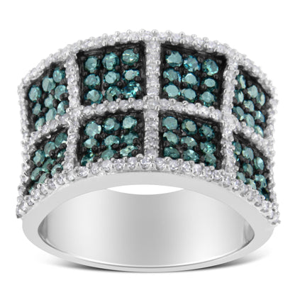 Front-facing view of a white metal ring featuring a grid pattern with prong-set round blue and white gemstones.