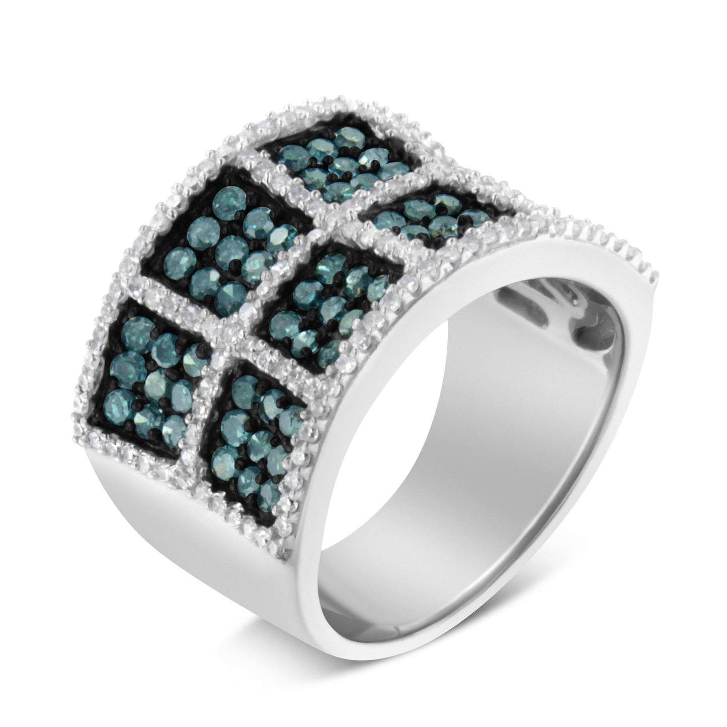 White metal ring with a wide band featuring a grid pattern of blue and white round gemstones in prong settings, shown at a slight angle.