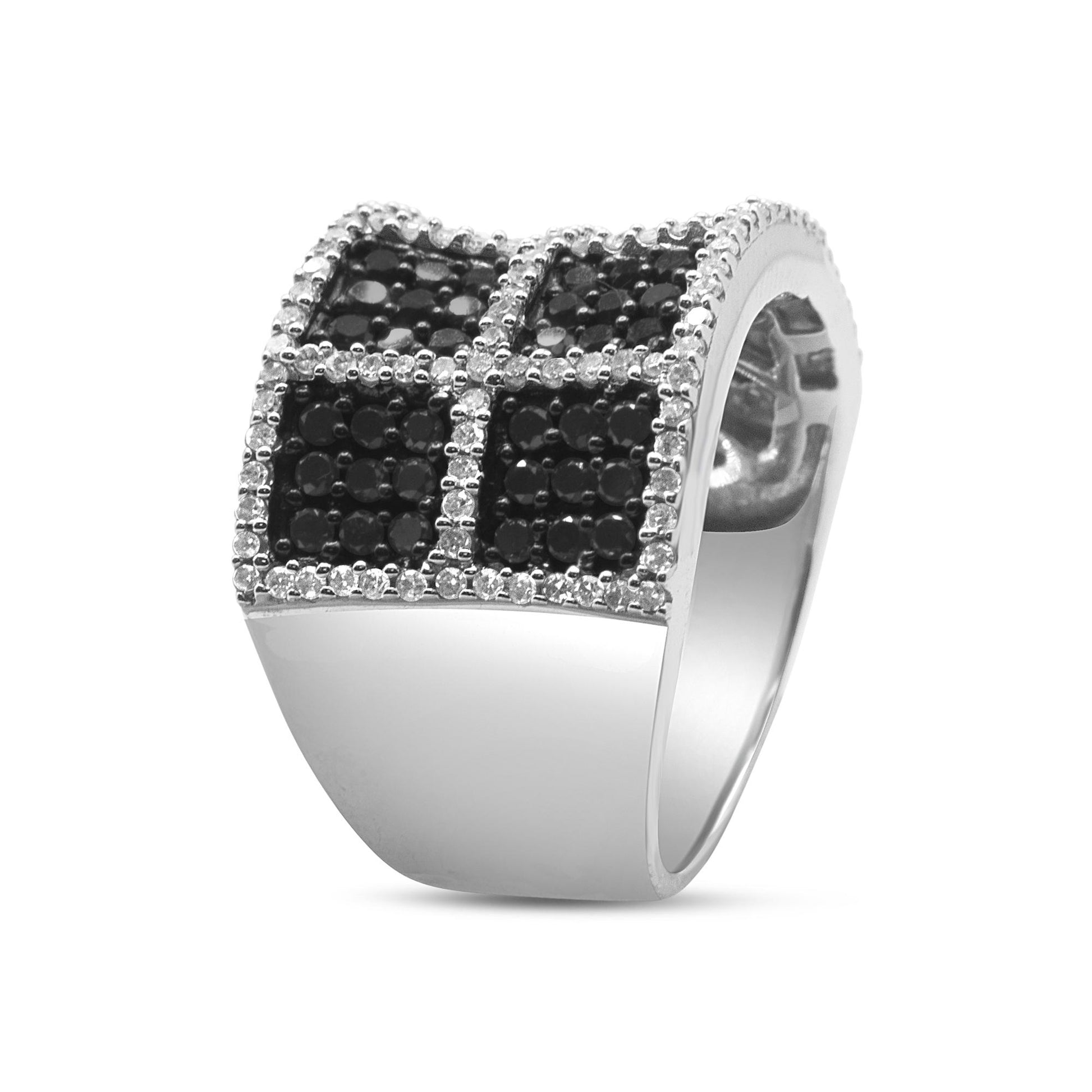 White metal ring with a square top design featuring four sections of black gemstones bordered by white gemstones, shown from a front angled view.