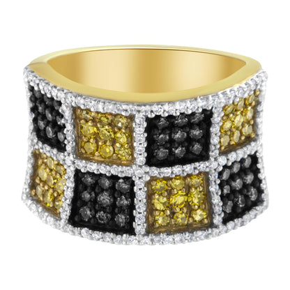 Close-up front angle of a wide yellow metal ring featuring alternating square sections of yellow, black, and champagne-colored round gemstones set with white gemstone borders.